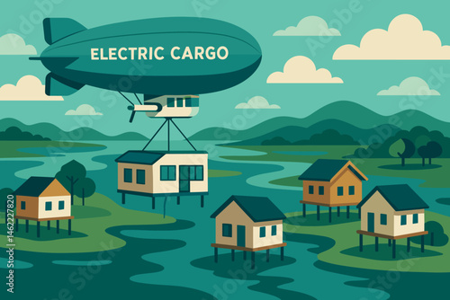 The scene depicts a flat area with a blimp crane, prefab house pods, and wetlands from an aero-logistics perspective