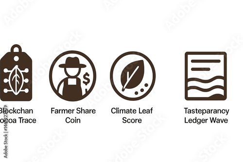The icons of cocoa-trace combine the images of a tag, coin, leaf, swirl, and wave