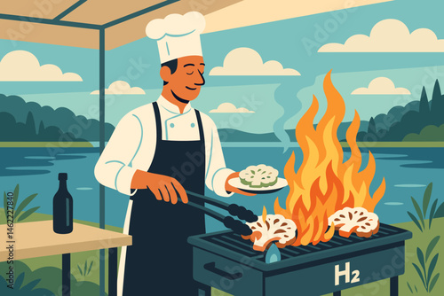 The scene features a flat plant-grill with cauliflower slabs, an H₂ burner, and a view of a pine lake