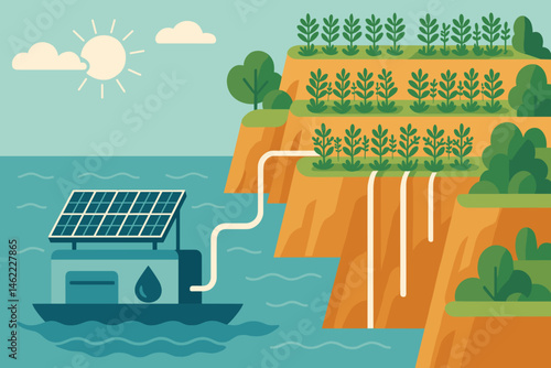 The scene is characterized by a flat landscape that incorporates hydro and solar elements, including photovoltaic rafts, vertical pipes, and lush green terraces