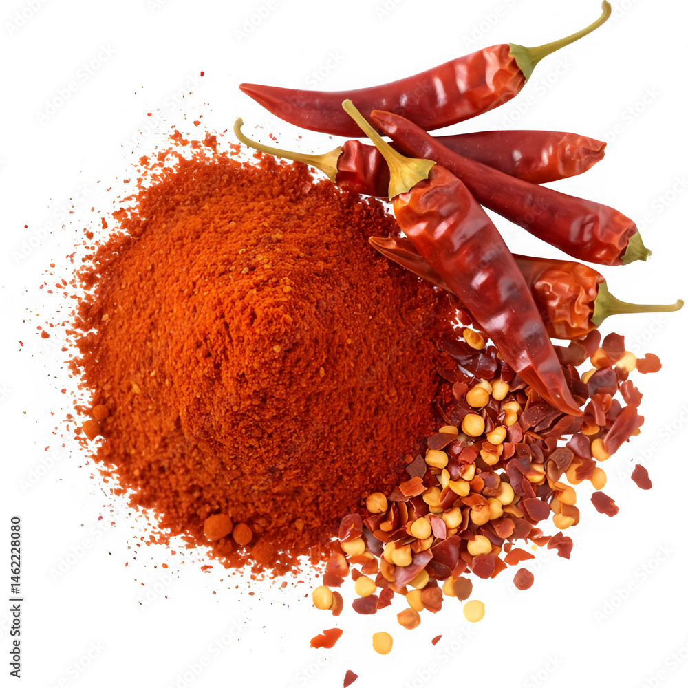 Vibrant red chili powder and dried chilies. A fiery mix of spices.