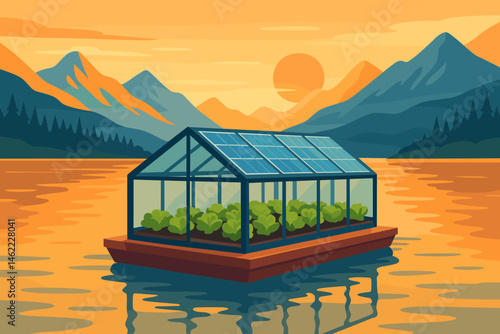 The ag-tech landscape is flat and features PV rafts, rows of lettuce, and peaks that glow