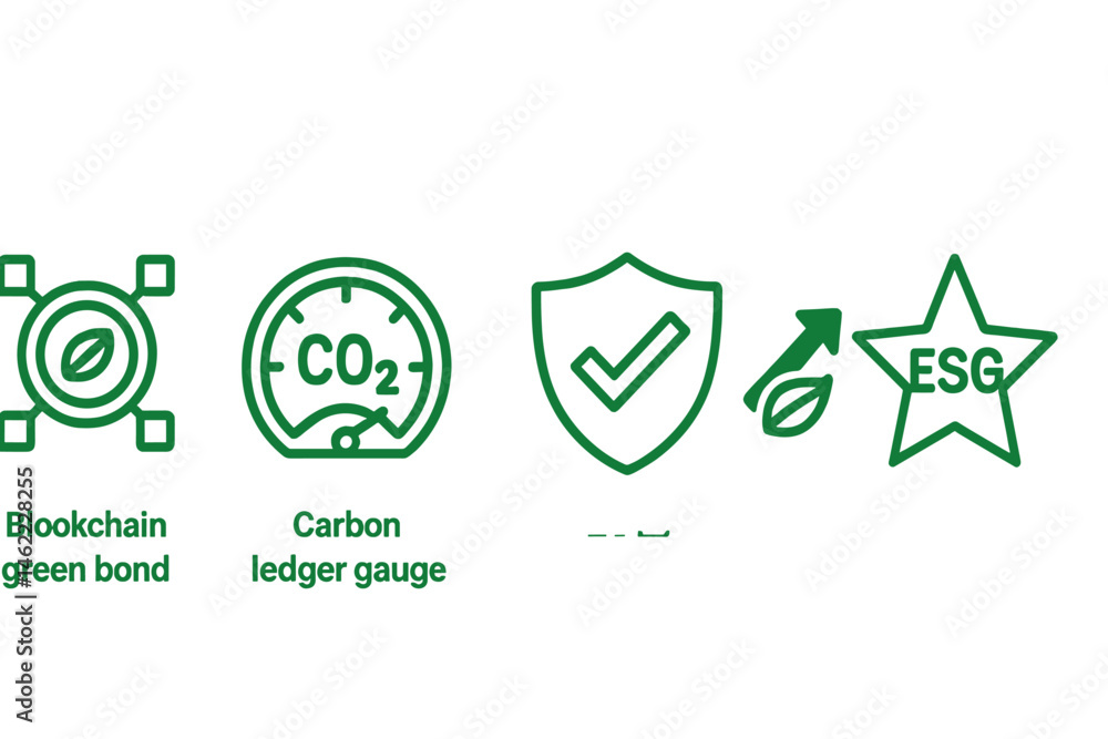 Obraz premium Icons of green finance are represented by symbols such as coin, gauge, shield, arrow, and star