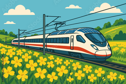 The scene features a flat and clean mobility setting with PV train cars, yellow flowers, and a clear sky