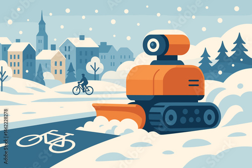The winter scene features a drone plow, bike symbols, and a snowy street, all depicted in a flat style