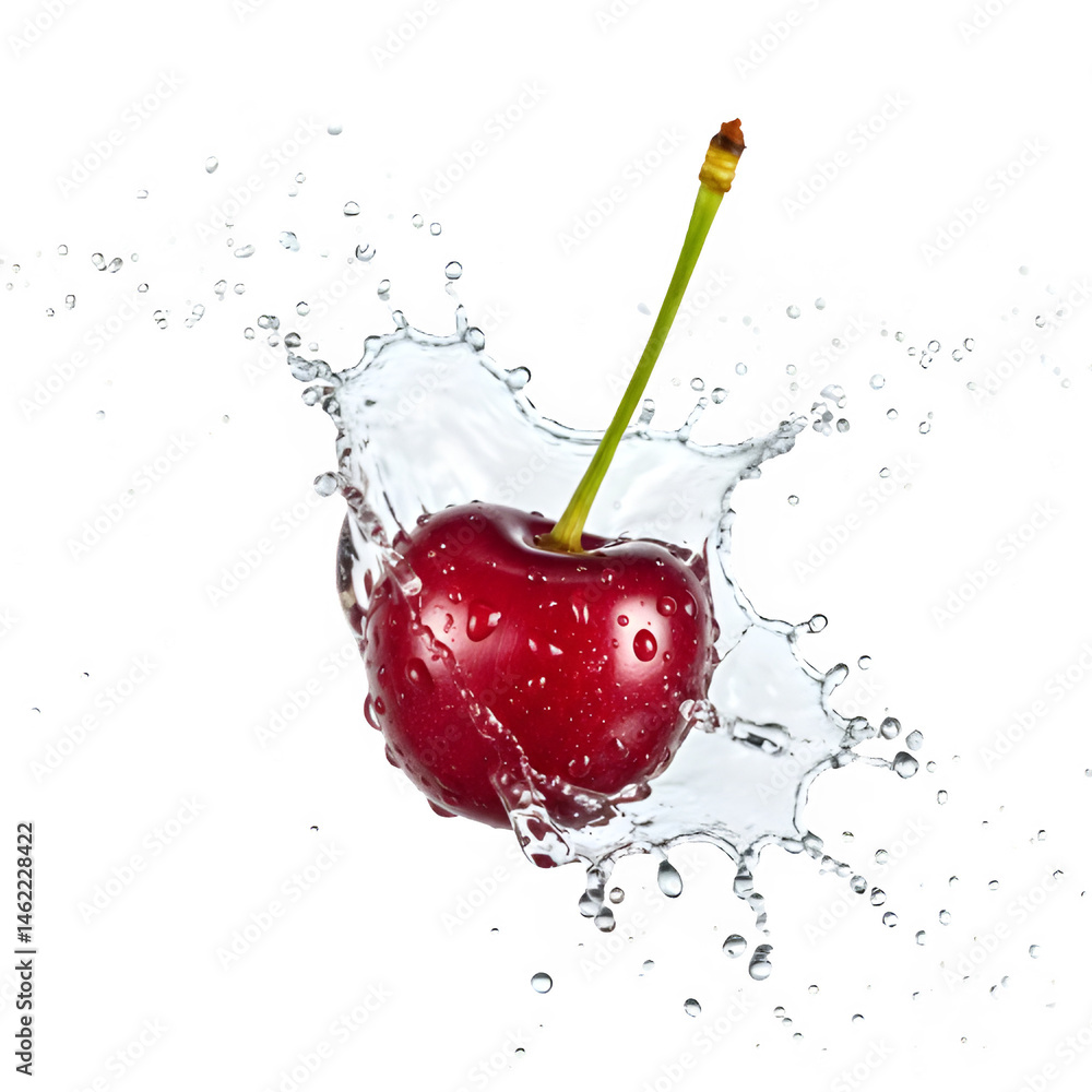 Juicy red cherry splashing into water. Refreshing summer fruit.