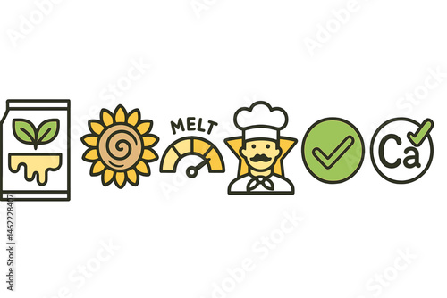 Icons that resemble cheese alternatives are connected to symbols for packet, swirl, dial, star, mark, and tick