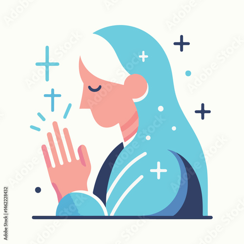 Senior woman praying with closed eyes in serene illustration  