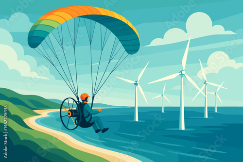 The adventure-tech scene is flat and features e-wings, turbines, and blue water