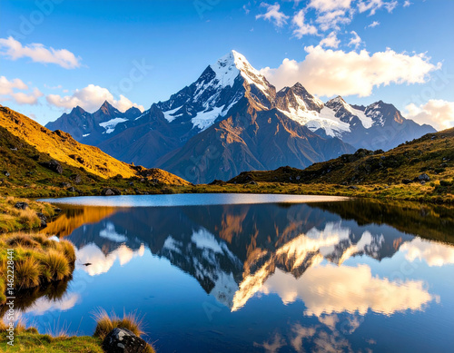 Fototapeta Naklejka Na Ścianę i Meble -  A tranquil scene of a high-altitude lake reflecting the surrounding Andean peaks, capturing the serene beauty of Ecuador's natural environment.