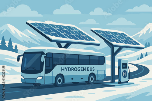 The scene depicts a flat and clean transit area featuring buses powered by hydrogen and icy photovoltaic roofs set amidst a tundra landscape