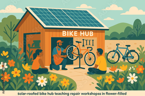 The scene features a flat, educational green space with a photovoltaic awning, tool tables, and planters filled with blooming plants