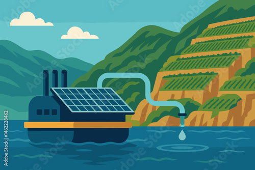 The scene is characterized by a flat landscape that incorporates hydro and solar elements, featuring PV rafts, pipe ladders, and terraces for grape cultivation