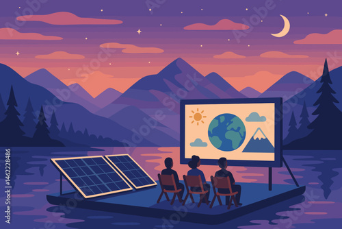 The scene is a flat leisure area with a green hue, featuring a PV raft, a large screen, and water that is violet in color