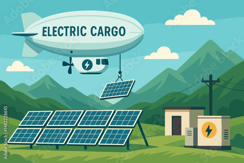 The scene features a flat aero-tech landscape that includes a blimp crane, crates of photovoltaic panels, and traditional alpine huts