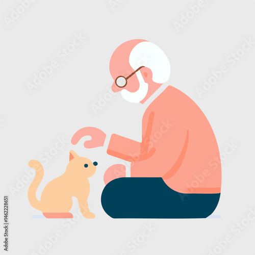 Elderly man petting a cat in a minimalist environment  