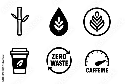 Icons for Café‑eco include a stirrer, droplet, leaf, cup, badge, and dial