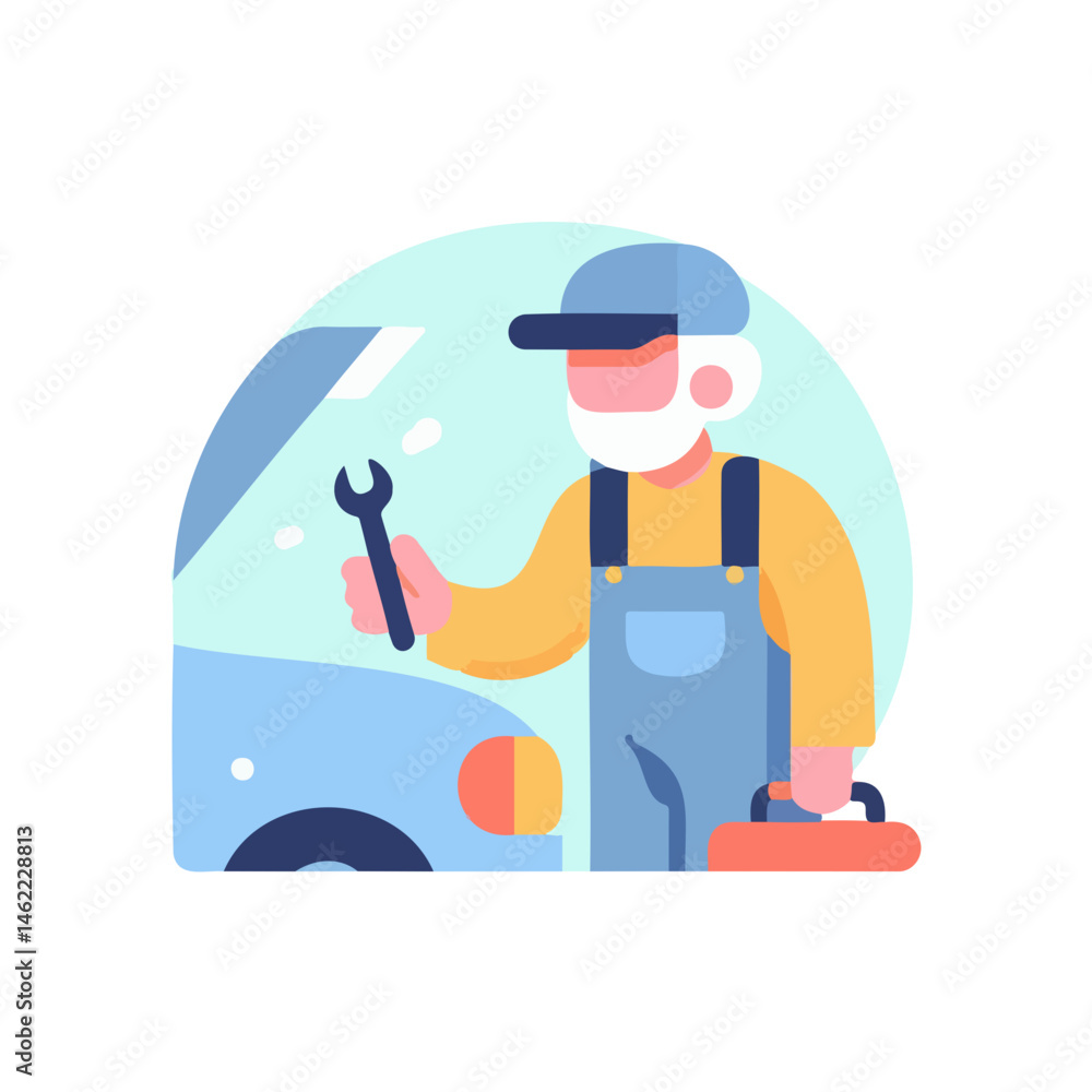 Obraz premium Elderly mechanic holding wrench fixing car against light background 