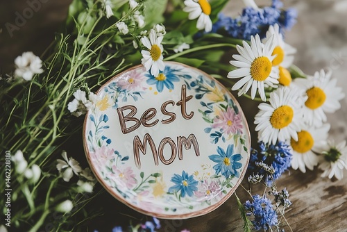 A hand-painted ceramic plate with the words "Best Mom" on it, placed next to a bouquet of fresh wildflowers.