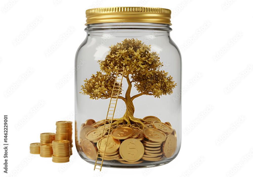 Golden Tree of Prosperity: A 3D rendering of a money tree growing in a jar.