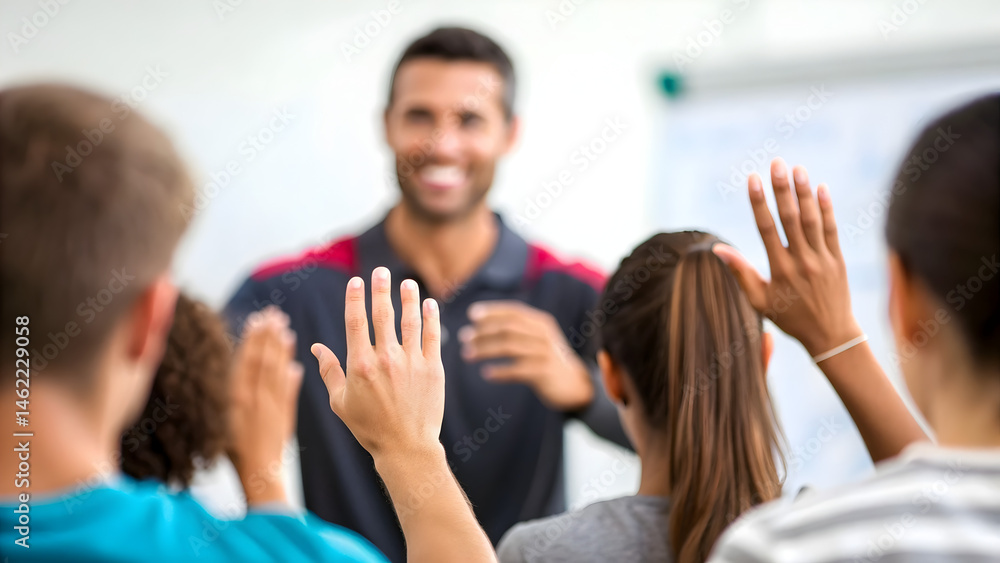 Obraz premium leadership development A group of people engages with a speaker in a professional setting, raising their hands to participate.