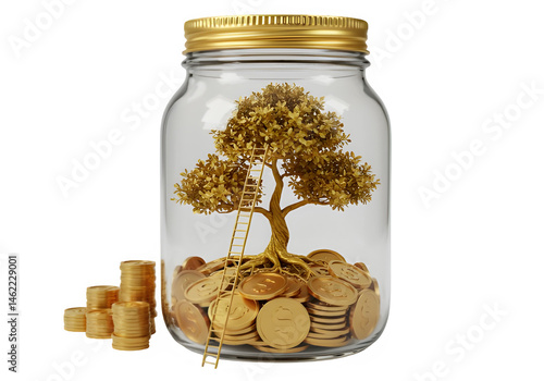 Obraz na płótnie Golden Tree of Prosperity: A 3D rendering of a money tree growing in a jar. w salonie