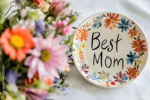 A hand-painted ceramic plate with the words "Best Mom" on it, placed next to a bouquet of fresh wildflowers.