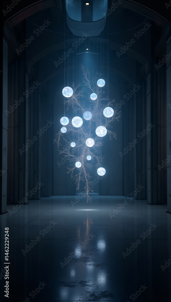 Obraz premium A striking, modern light installation suspended in a hall with a sleek architectural design. It evokes a sense of wonder and futuristic artistry.