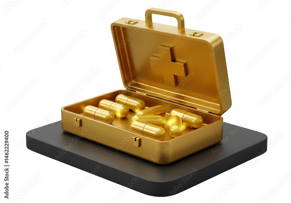 Golden first-aid kit filled with shiny capsules. Luxury healthcare concept.