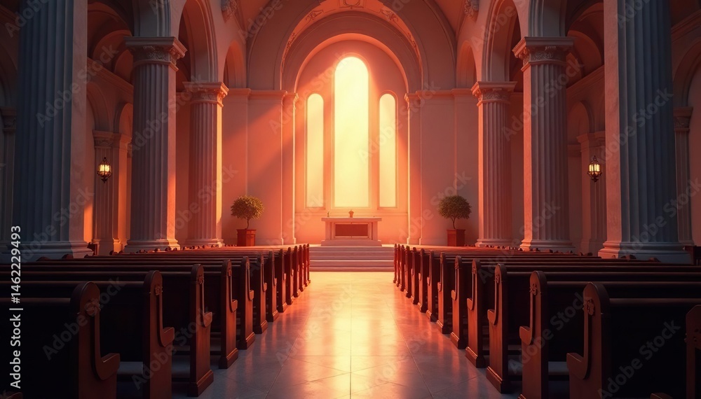 Fototapeta premium Empty pews facing altar, soft light streams in, cathedral, solitude, pray