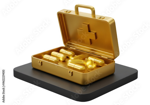 Obraz na płótnie Golden first-aid kit filled with shiny capsules. Luxury healthcare concept. w salonie