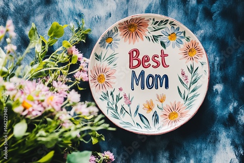 A hand-painted ceramic plate with the words "Best Mom" on it, placed next to a bouquet of fresh wildflowers.