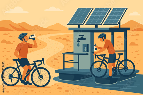 A flat blue-tech setting features a PV shade, the option to refill bottles, and the presence of dusty riders
