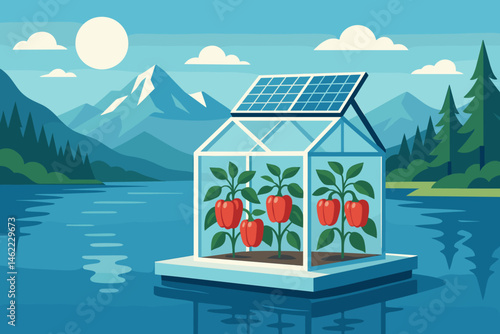 A flat ag-tech landscape includes PV pontoons, pepper vines, and blue peaks in the distance