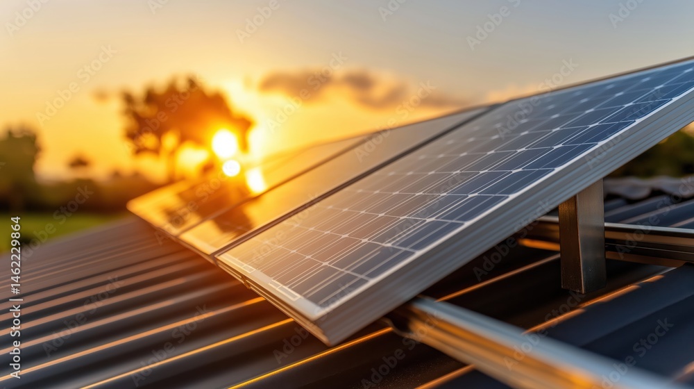 Solar panels on rooftop capture clean energy during sunset in a sustainable environment