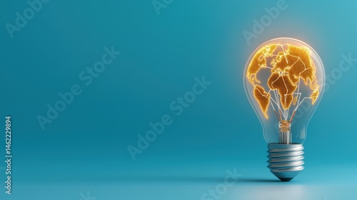 Futuristic glowing world map inside light bulb representing global innovation and high-tech digital advancements