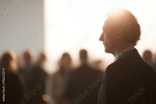 corporate event captured in minimalist style emphasizing persons face