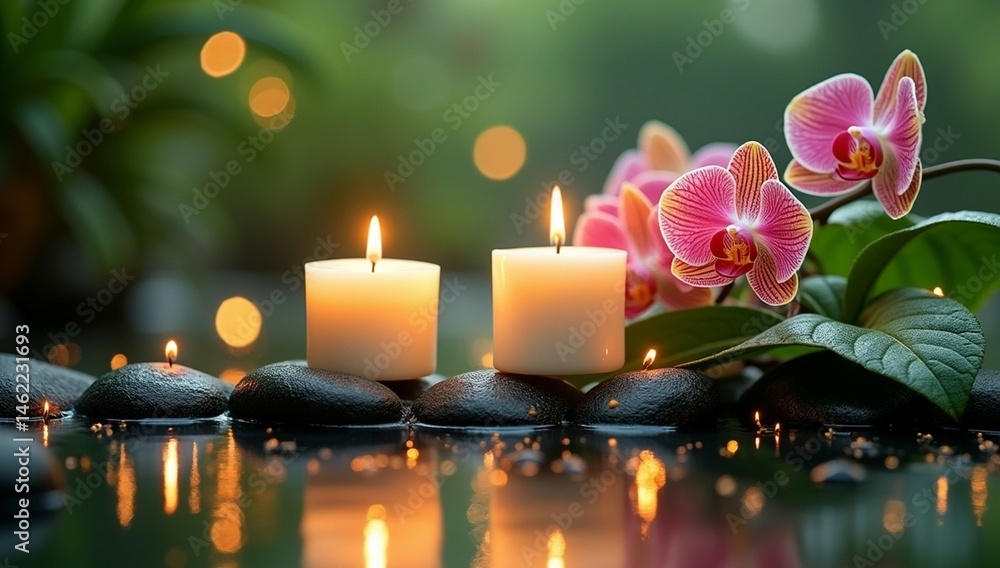 Zen Spa Scene with Glowing Candles, Orchids, Mossy Stones, and Water Reflection Zen Spa Scene with Glowing Candles, Orchids, Mossy Stones, and Water Reflection