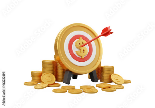 Bullseye! Gold coins and a target with a dollar sign, symbolizing financial success.