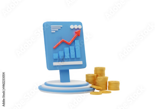 Positive financial growth shown on a digital screen with stacks of coins nearby.