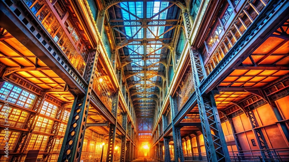 Obraz premium Luminous Ceiling Illuminates Sturdy Iron Structures - Industrial Architecture Stock Photo