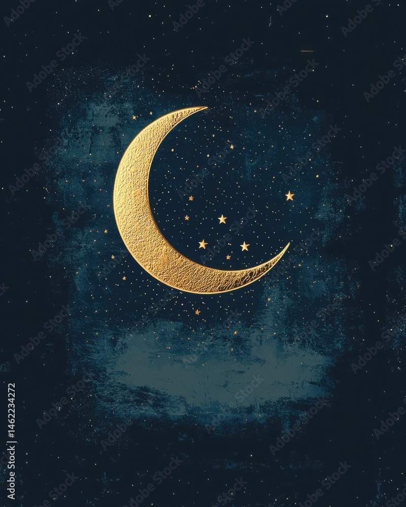 Naklejka premium Elegant golden crescent moon and stars on textured dark night sky, celestial art illustration