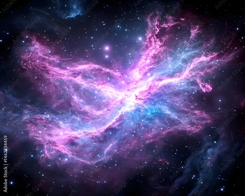 Fototapeta premium A vibrant nebula glows in shades of pink and blue, its swirling gases illuminated against a backdrop of distant stars