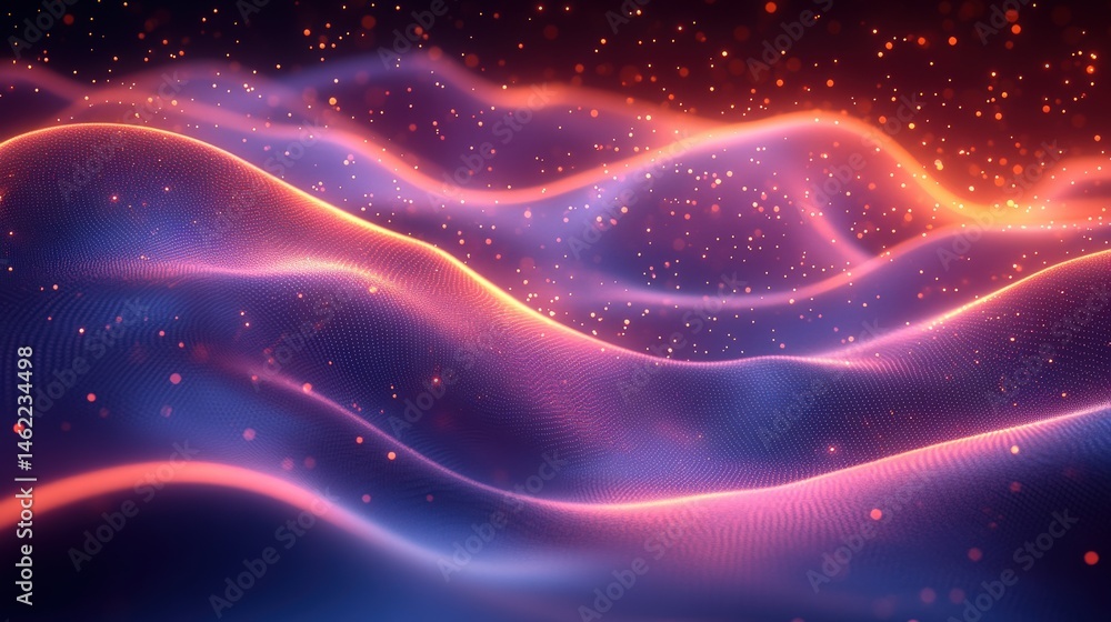 Fototapeta premium Abstract Waves in Blue and Orange with Sparkling Particles Effect