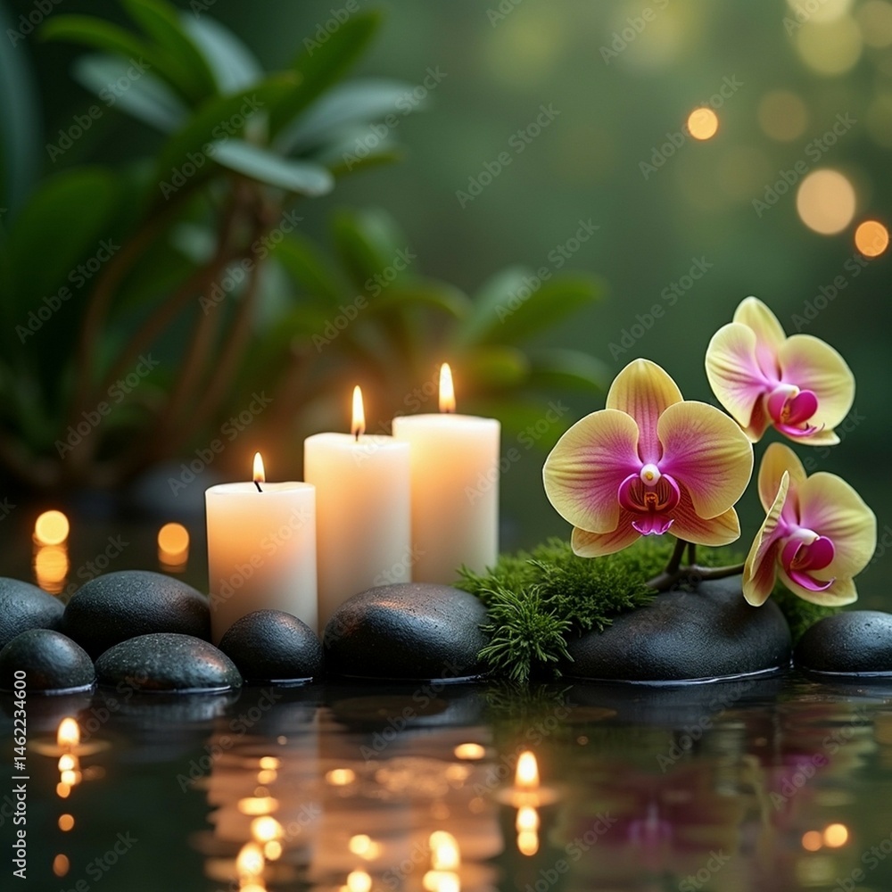 Zen Spa Scene with Glowing Candles, Orchids, Mossy Stones, and Water Reflection Zen Spa Scene with Glowing Candles, Orchids, Mossy Stones, and Water Reflection