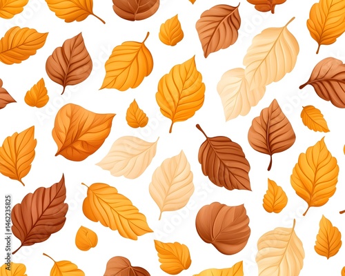 Autumnal leaf pattern in warm browns, oranges, and yellows on white background