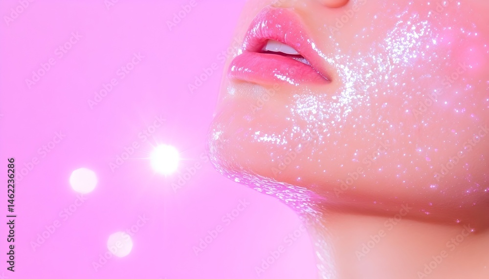 Close-up of a woman's face, showcasing a shimmering, glossy skincare product application against a pink backdrop Close-up of a woman's face, showcasing a shimmering, glossy skincare product application against a pink backdrop