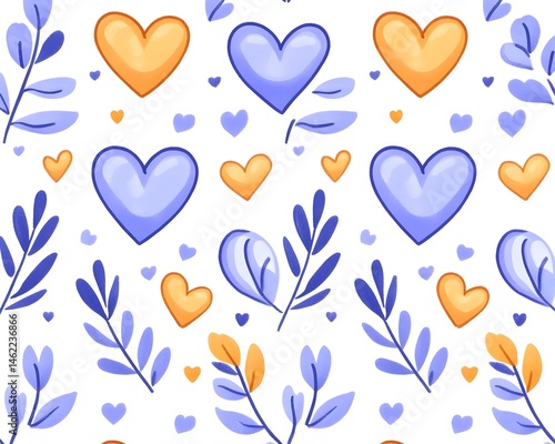 Cute hearts and floral vector pattern in blue and gold on white backdrop