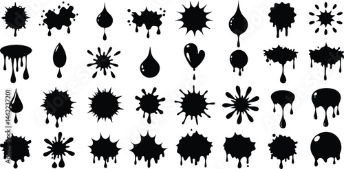 Photos Blotter spots, liquid paint drop, splash and ink set, Collection of splash silho