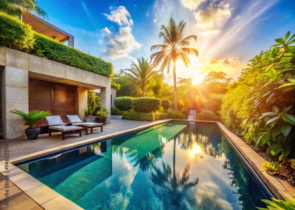 Fototapeta premium Luxurious Pool Villa Leisure Area: Sunny Day Relaxation